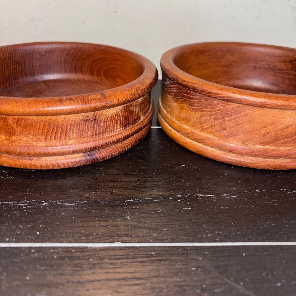 Vintage Hand Turned Solid Wood Ribbed Bowls | Set of 2 | Brown | MCM |‎ 6 inch